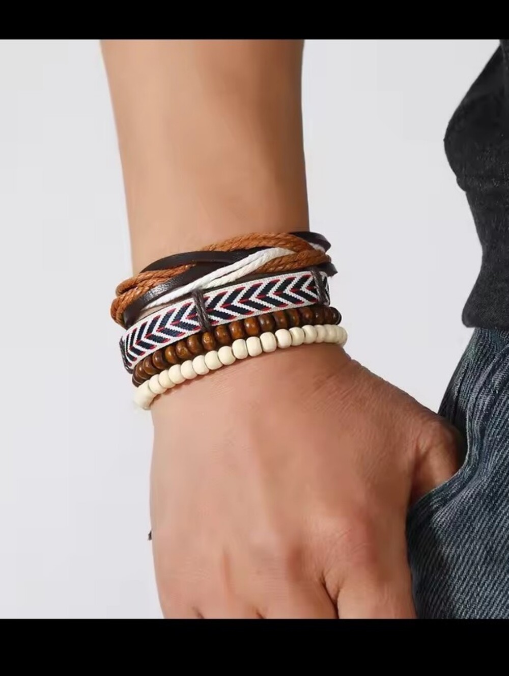 Men's Leather Bracelets Set Layered Beaded Brown Jewelry New G34